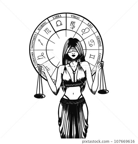 Hand drawn illustrations and silhouettes of monochrome arts of astrological signs and beauty women. 107669616