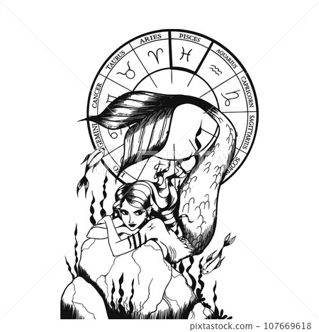 Hand drawn illustrations and silhouettes of monochrome arts of astrological signs and beauty women. Hand drawn illustrations and silhouettes of monochrome arts of astrological signs and beauty women. 107669618