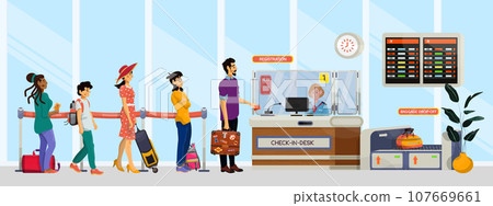 Vector cartoon illustration of queue in airport or railway station. Family concept. 107669661