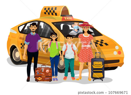 Vector illustration of happy family which going to go on a taxi on holiday. 107669671
