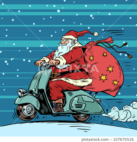Christmas is coming closer on two wheels. Santa Claus rides a moped with a bag of gifts. Upcoming holidays and seasonal sales along with it. Pop Art Retro 107670526