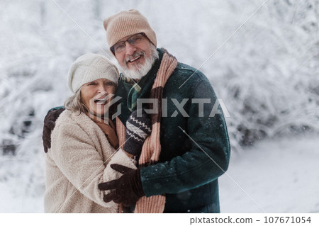 Elegant senior couple walking in the snowy park, during cold winter snowy day. Spending winter vacation in the mountains. Wintry landscape. 107671054