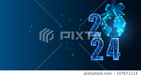 Abstract 2024 Happy New Year digital web banner template with globe map festive bauble on dark blue Abstract 2024 Happy New Year digital web banner template with globe map festive bauble on dark blue 107671214