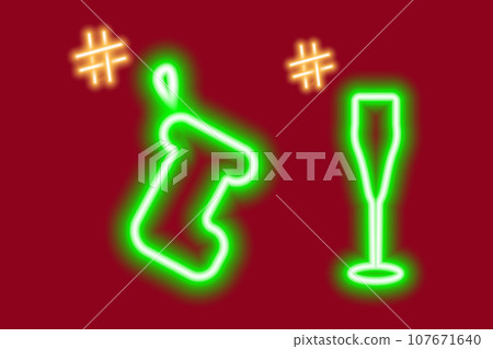 2 Neon luminous icons of gift sock and wine glass with hashtags. Concept for greetings or search 2 Neon luminous icons of gift sock and wine glass with hashtags. Concept for greetings or search 107671640