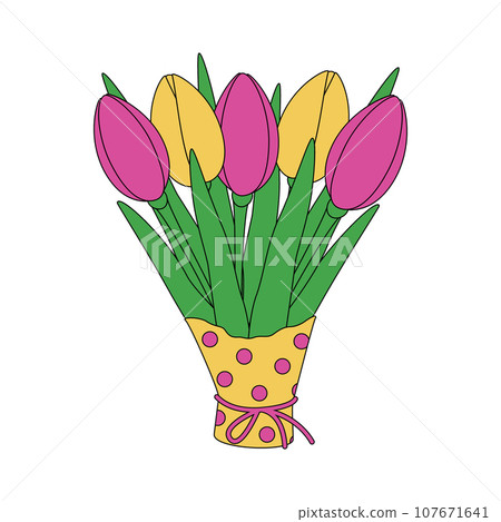 Abstract colorful bouquet of tulips in wrapping paper in trendy shade of pink and yellow. Isolate Abstract colorful bouquet of tulips in wrapping paper in trendy shade of pink and yellow. Isolate 107671641