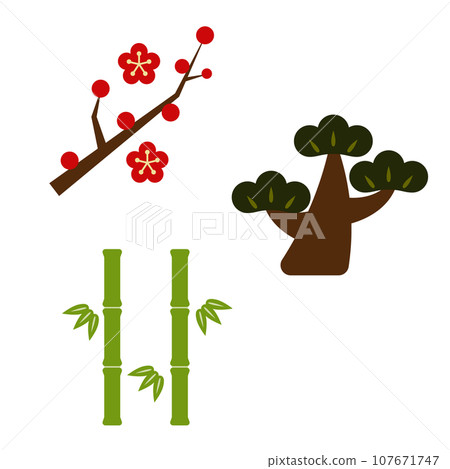 Flat vector illustration of pine, bamboo, and plum blossoms Flat vector illustration of pine, bamboo, and plum blossoms 107671747