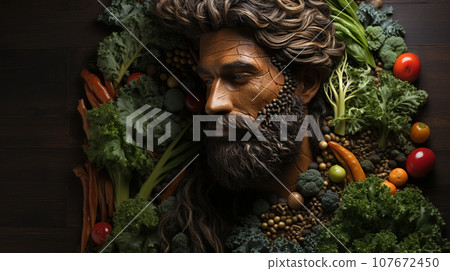 Healthy Man with Beard Surrounded by and Partially Made of Fruits and Vegetables - You Are What You Eat. Generative AI. 107672450