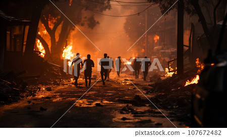 Citizens Running Down the Streets of a Ravaged Burning City Amidst War. Generative AI. 107672482
