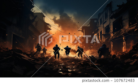 Soldiers with Guns Scrambling Down the Streets of a Ravaged City Amidst War. Generative AI. 107672483