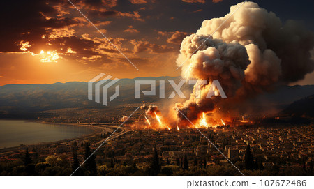 Explosions in a War Torn Middle Eastern City. Generative AI. 107672486