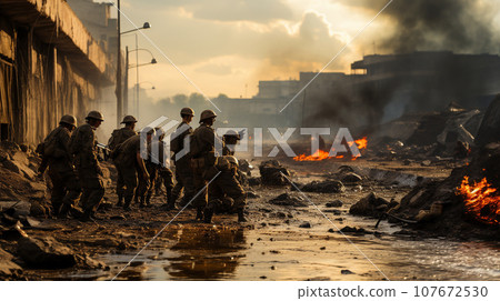 Soldiers with Guns Scrambling Down the Streets of a Ravaged City Amidst War. Generative AI. 107672530