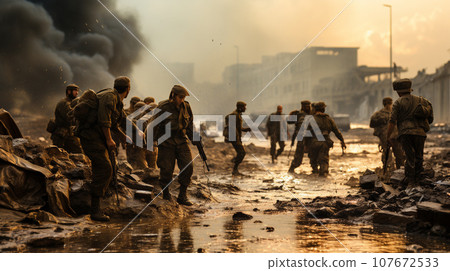 Soldiers with Guns Scrambling Down the Streets of a Ravaged City Amidst War. Generative AI. 107672533
