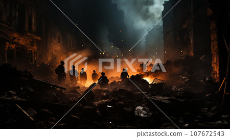 Soldiers with Guns Scrambling Down the Streets of a Ravaged City Amidst War. Generative AI. 107672543
