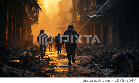 Soldiers with Guns Scrambling Down the Streets of a Ravaged City Amidst War. Generative AI. 107672547