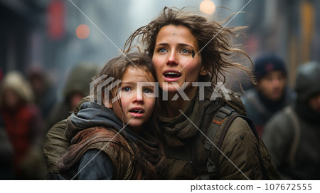 Frightened Mother and Young Child Daughter Running in the Streets of Their War Ravaged City. Generative AI. 107672555
