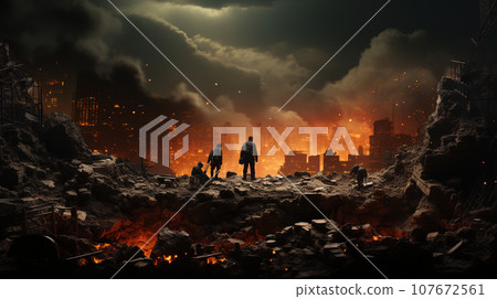 Soldiers Surveying The Landscape Amidst Explosions in a War Torn City. Generative AI. 107672561