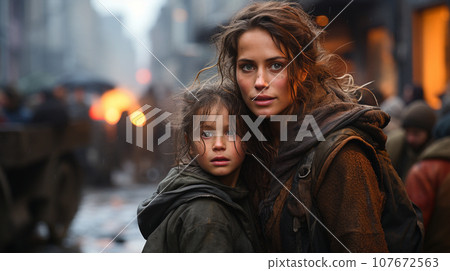 Frightened Mother and Young Child Daughter Running in the Streets of Their War Ravaged City. Generative AI. 107672563