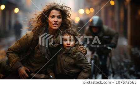 Frightened Mother and Young Child Daughter Running in the Streets of Their War Ravaged City. Generative AI. 107672565