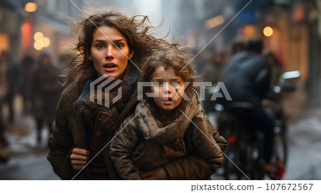 Frightened Mother and Young Child Daughter Running in the Streets of Their War Ravaged City. Generative AI. 107672567