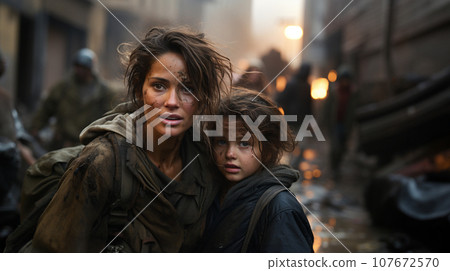 Frightened Mother and Young Child Daughter Running in the Streets of Their War Ravaged City. Generative AI. 107672570