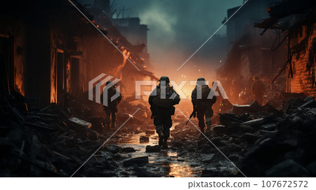 Soldiers with Guns Scrambling Down the Streets of a Ravaged City Amidst War. Generative AI. 107672572