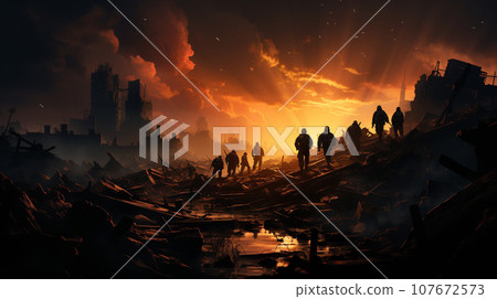 Soldiers with Guns Scrambling Down the Streets of a Ravaged City Amidst War. Generative AI. 107672573