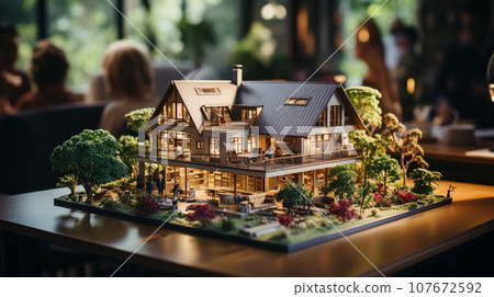 Small Scale Model of a Contemporary House Design On the Table In A Real Estate Office. Generative AI. 107672592
