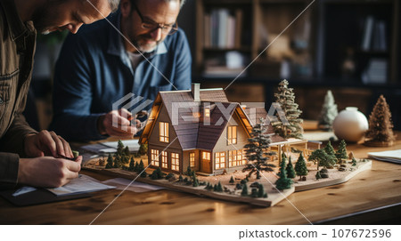 Architects Working Together Assembling A Small Scale Model Housing Developement on the Table. Generative AI. 107672596