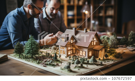 Architects Working Together Assembling A Small Scale Model Housing Developement on the Table. Generative AI. 107672597