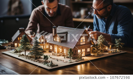 Architects Working Together Assembling A Small Scale Model Housing Developement on the Table. Generative AI. 107672598