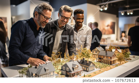 Real Estate Agent Discussing with a Male Gay Couple A New Housing Development Model on the Table In Front of Them. Generative AI. Real Estate Agent Discussing with a Male Gay Couple A New Housing Development Model on the Table In Front of Them. Generative AI. 107672613