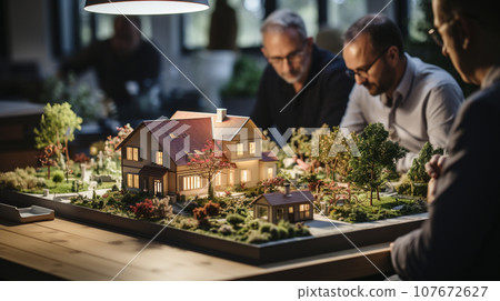Real Estate Agent Discussing with a Male Gay Couple A New Housing Development Model on the Table In Front of Them. Generative AI. 107672627