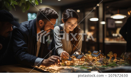 Architects Working Together Assembling A Small Scale Model Housing Developement on the Table. Generative AI. 107672630