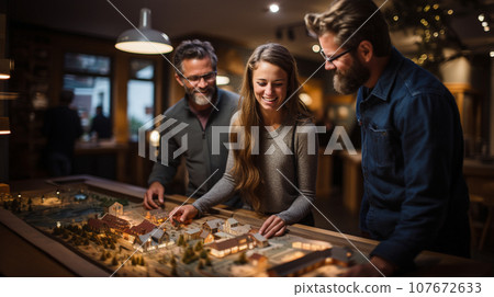 Real Estate Agent Discussing with a Young Adult Couple A New Housing Development Model on the Table In Front of Them. Generative AI. 107672633