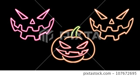 set Jack-o-lantern glowing desktop icon, neon Pumpkin face Halloween sticker, neon figure, glowing figure, neon geometrical figures  107672695