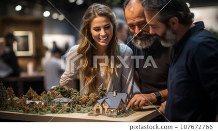 Real Estate Agent Discussing with a Young Adult Couple A New Housing Development Model on the Table In Front of Them. Generative AI. 107672766