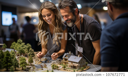 Real Estate Agent Discussing with a Young Adult Couple A New Housing Development Model on the Table In Front of Them. Generative AI. 107672771