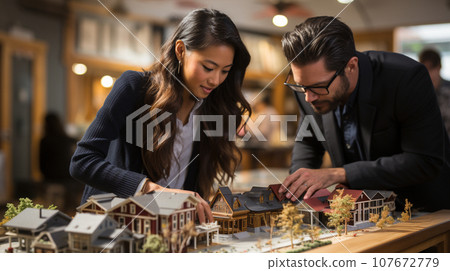 Architects Working Together Assembling A Small Scale Model Housing Developement on the Table. Generative AI. 107672779