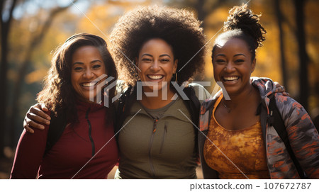 Three African American Female Friends Getting Together In the Park for Some Exercise. Generative AI. 107672787