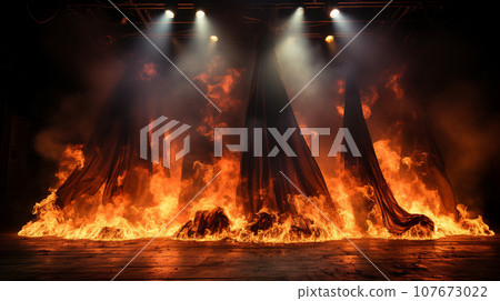 Theatre Stage with Red Velvet Curtains On Fire. Generative AI. Theatre Stage with Red Velvet Curtains On Fire. Generative AI. 107673022