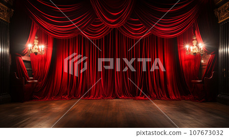 Dramatically Lit Lustrous Red Velvet Theatre Curtains and Wooden Stage Floor. Generative AI. Dramatically Lit Lustrous Red Velvet Theatre Curtains and Wooden Stage Floor. Generative AI. 107673032