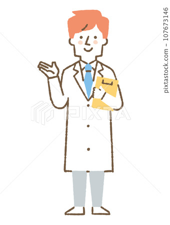 A man wearing a white coat holding a file and explaining_color 107673146