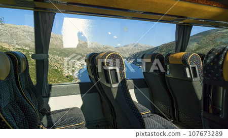 View from inside the bus crossing the bridge over the fjord / Dubrovnik, Croatia 107673289