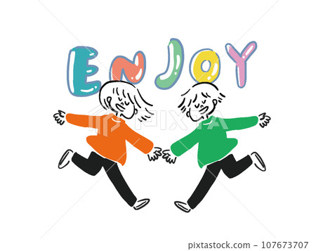 ENJOY! Full-body illustration of dynamic men and women with text 107673707