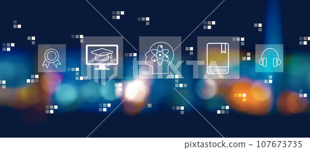 Online education concept with blurred city at night 107673735