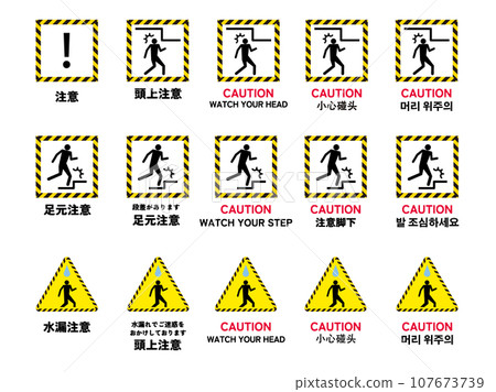 Icon set of signs warning of caution under foot and over head (tralope pattern) 107673739