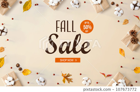 Fall sale banner with gift boxes with leaves 107673772