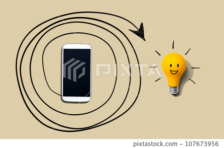 Creativity, inspiration, idea concept with light bulb and smartphone 107673956