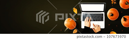 Autumn pumpkins with person using a laptop computer Autumn pumpkins with person using a laptop computer 107673970