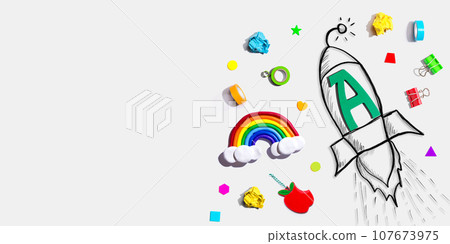 Back to school theme with a letter A rocket with school supplies 107673975
